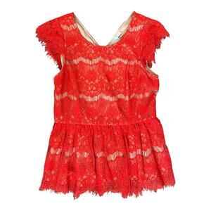 Anthropologie Maeve Katrine Top Tangerine Red Lace Peplum Blouse Size Small EUC